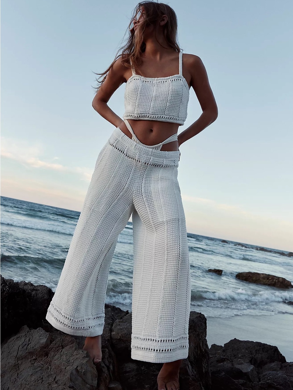 Free People FP Beach Stanza Fauxchet Crochet Wide Leg Pants White Mediun - Picture 2 of 13